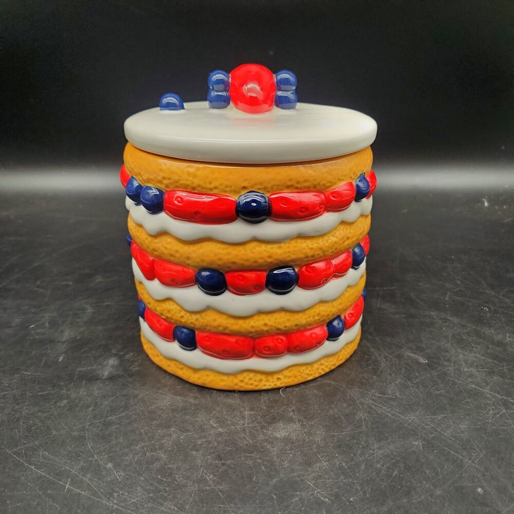 Lang Patriotic Cake Cookie Jar Strawberry Blueberry Ceramic Kitchen Canister